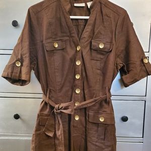 Brown Linen Blend Half Button Down Safari Dress